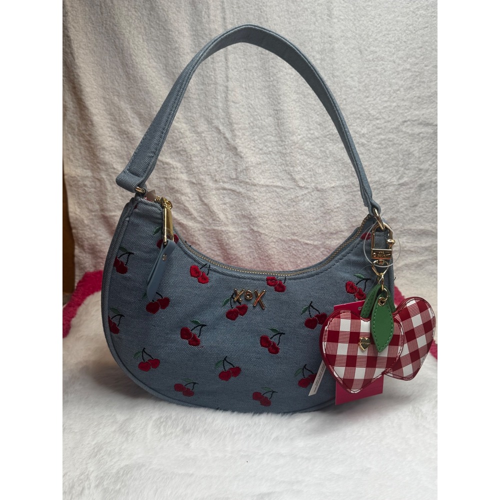 Betsey Johnson Swoonworthy Denim Cherry Embroidered Shoulder Bag Blue M30620